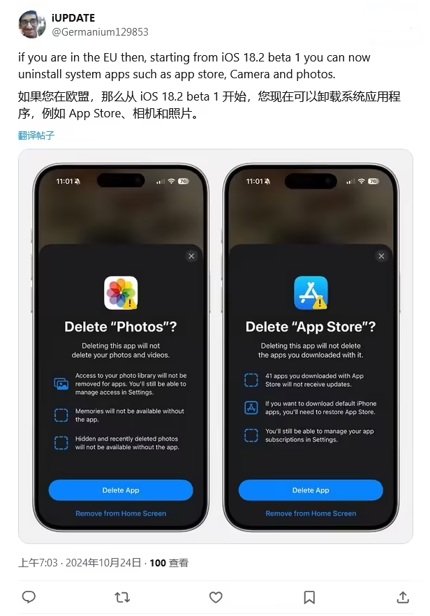 克什克腾苹果手机维修分享iOS 18.2 支持删除 App Store 应用商店 