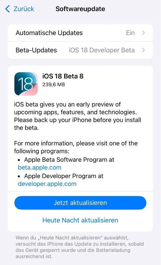 克什克腾苹果手机维修分享苹果 iOS / iPadOS 18 开发者预览版 Beta 8 发布 